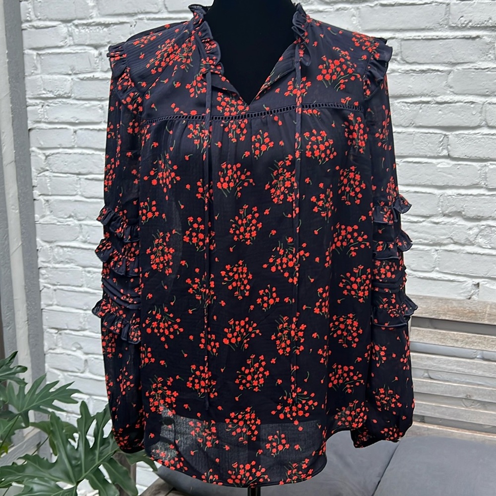 🪁♥️ Ann Taylor Navy Floral Long Sleeve Ruffle Blouse, size Small